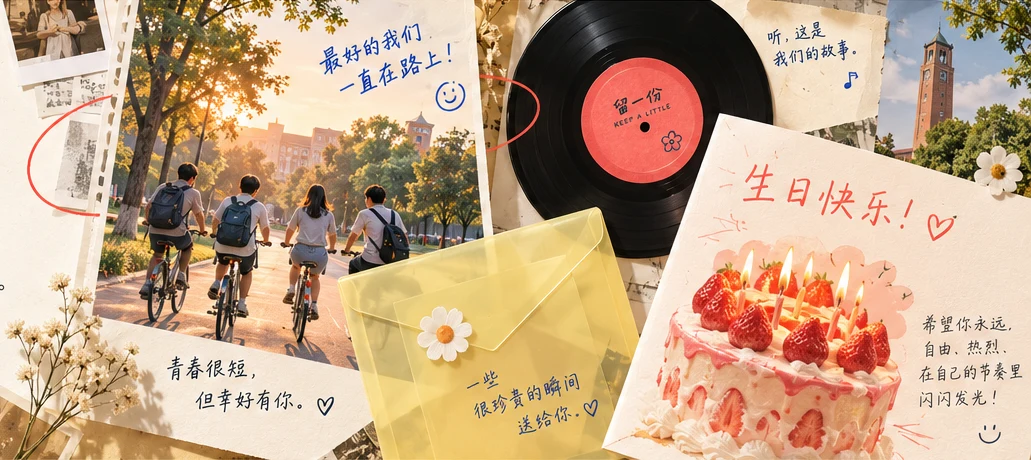校园照片、专属唱片与生日祝福组成的温暖礼物拼贴
