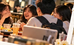 朋友们在餐桌旁聊天的演示照片